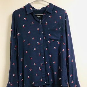 Anthropologie Long-sleeved Navy Blouse w/Cherries